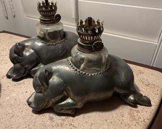 Pair of Morton's Steakhouse Pewter Sleeping Pig Oil Lamps