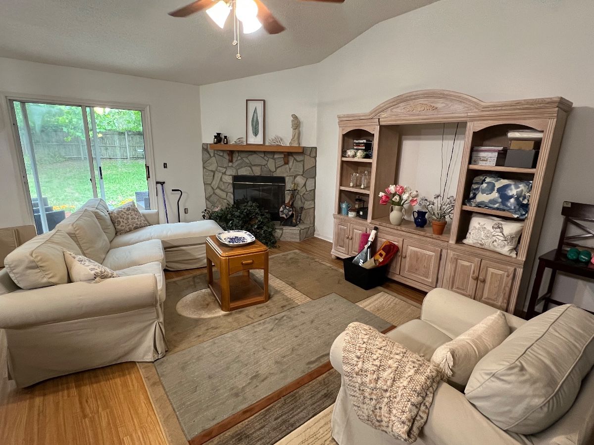 Slip-covered sofa and arm chair, entertainment center, vasesCream colored lounger sofa and armchair—washable slipcovers! Shabby Chic Entertainment Center; vases and decor