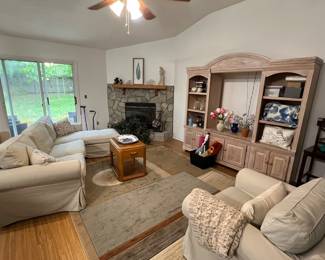 Slip-covered sofa and arm chair, entertainment center, vasesCream colored lounger sofa and armchair—washable slipcovers! Shabby Chic Entertainment Center; vases and decor