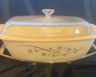 Vintage Pyrex Golden Honeysuckle Casserole Dish With Holder
