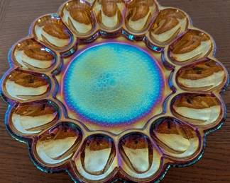 Vintage Indiana Glass Hobnail Carnival Amber Iridescent Deviled Egg Dish