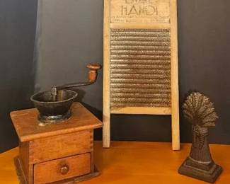 Coffee Grinder, Dubl Handi Wash Board  Cast Iron Door Stop