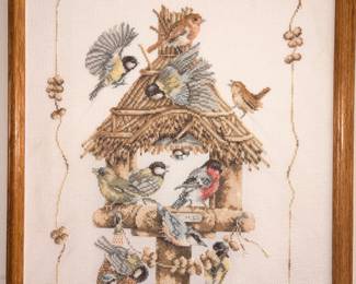 Vtg Framed Hand Embroidered Birdhouse & Birds