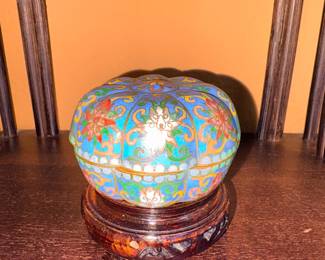 Vtg Chinese Cloisonne Blue Trinket Box On Wooden Stand