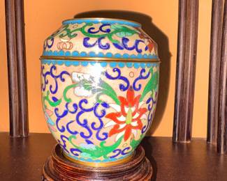 Vtg Chinese Cloisonne Ginger Jar W/Wooden Stand