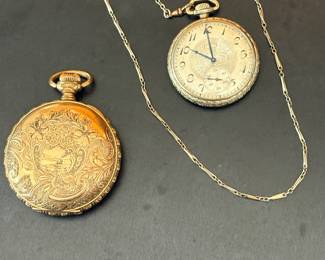 Antique Mechanical Pocket Watch Gold Filled 10 Year Hunter Case Roman Numerals 897963 New York Standard Watch Co. USA & Antique Open Face Mechanical Pocket Watch White Gold Elgin w/Chain