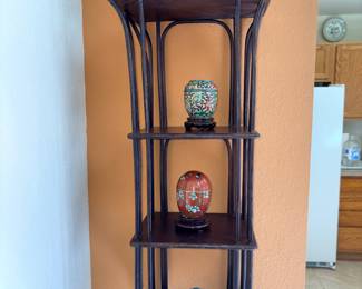 Oriental Chinoiserie Pagoda Style Etagere Rattan Wall Shelf 