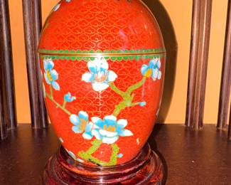 Vtg Cloisonne Egg Trinket Dish W/Wooden Stand
