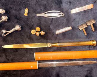 Rare L’Heure D’or Gold Plated Letter Opener, SS Japan Letter Opener W/Wooden Case, Vtg Marvel Tie Tac & Cuff Links, Anson Sterling Tie Tac, Etc!