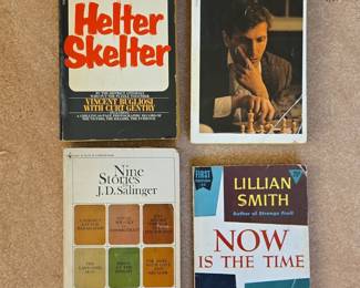 Vintage Paperback Books: Helter Skelter, Bobby Fischer Teaches Chess, Nine Stories, and Now Is the Time