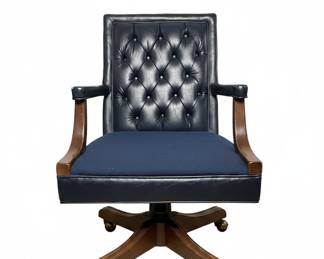 Vtg Tufted Blue Leather Executive Office Chair