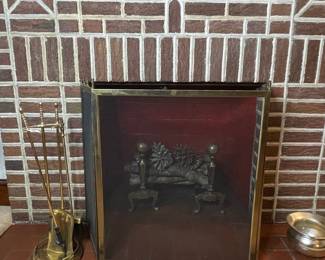 Brass Fireplace Screen and Andirons Set