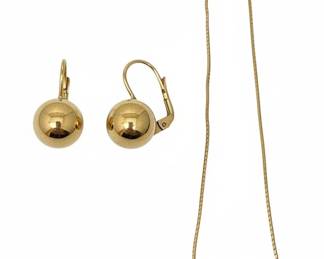 14k Yellow Gold Ball Earrings and Snake Chain Necklace 