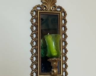 Ornate Gilt Wall Sconce with Mirror and Single Candle Holder
