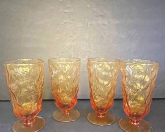 Amber Textured Footed Glasses Vtg