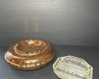 Vintage Amber Glass Ashtray and Marbleized Ceramic Ashtray