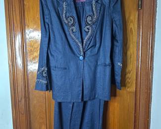 Vtg Blues Beaded Ramie Suit