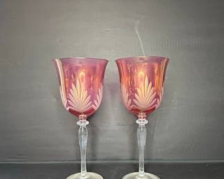 Vintage Cranberry Cut to Clear Wine Glasses