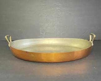 Vintage Oval Copper Gratin Pan with Brass Handles