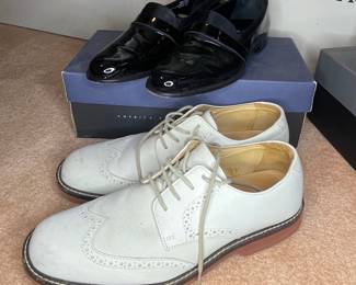 Men's White Wingtip Brogue Shoes and Black Patent Leather Loafers