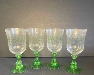 Vintage Etched Green Stemmed Wine Glasses