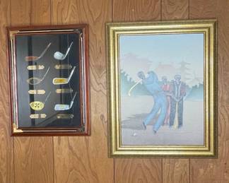 Framed Golf Club Display and Golf Scene Painting