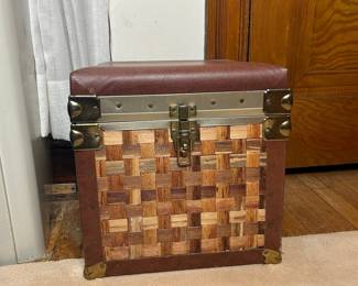 Vintage Woven Wood and Faux Leather Storage Trunk Ottoman
