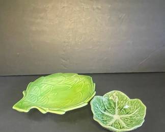 Majolica Artichoke Serving Dish and Bordallo Pinheiro Cabbage Leaf Bowl