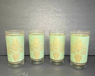 Vintage Green Tumbler Glasses with Gold Floral Design