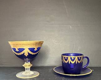 Cobalt Blue Glass Compote and Cup with Saucer, Gilt Decoration