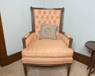 Tufted Upholstered Armchair with Carved Wood Frame
