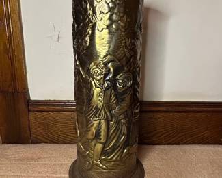 Vintage Embossed Brass Umbrella Stand with Figural Relief