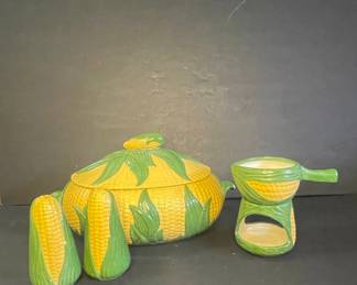 Vintage Shawnee Pottery Corn King Casserole Dish Set with Salt and Pepper Shakers and Candle Warmer