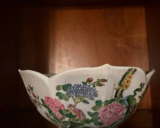 Famille Rose Porcelain Bowl with Peacock and Peony Motif, possibly Neiman Marcus Retail