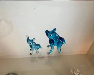 Set of Two Blue Glass Elephants