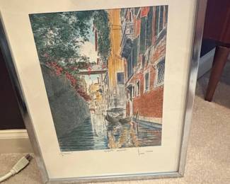Bela Sziklay HandColored Etching of Venice Canal