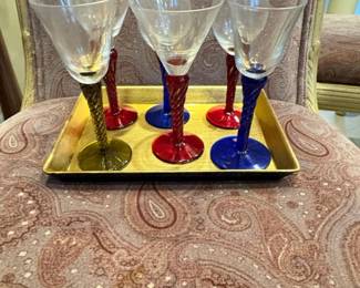 Set of Bombay Company Twisted Stem Cordial Glasses with Colored Bases