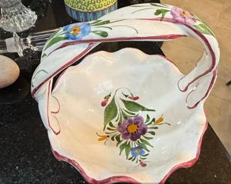 HandPainted Ceramic Basket with Floral Motif