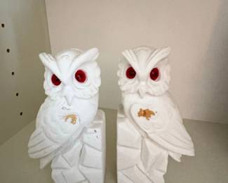 Vintage Alabaster Owl Bookends with Red Eyes