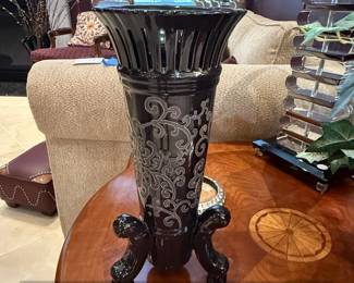 Black Amethyst Glass Vase with Silver Floral Design second image