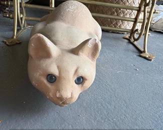 Vintage Concrete Cat Statue with Blue Glass Eyes third image