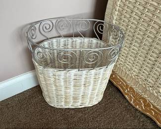 Vintage Wicker Waste Basket with Ornate Wire Scroll Rim
