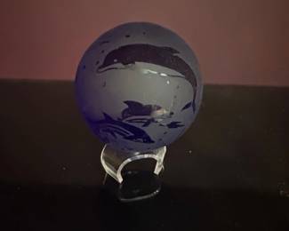 Glass Baron Blue Frosted Etched Dolphins Paperweight