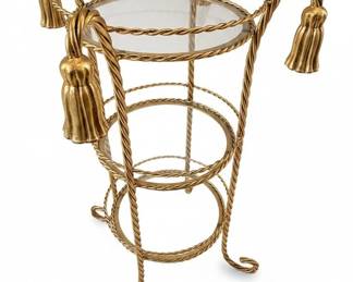 Italian Hollywood Regency Gold Tone Tassel Tiered Side Table with Glass Shelves