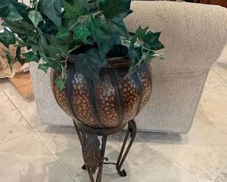 Hammered Metal Urn Planter with Stand second image