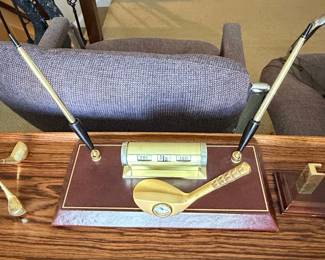 Golf Themed Desk Set with Perpetual Calendar, Pen Holders, and Clock
