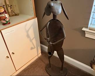 Metal Dog Musician Sculpture with Saxophone