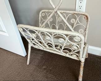 Vintage White Wicker Magazine Rack with Scrolled Design and Looped Handle
