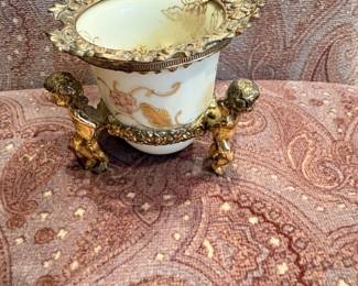 Antique Cherub Footed Porcelain and Gilt Metal Urn