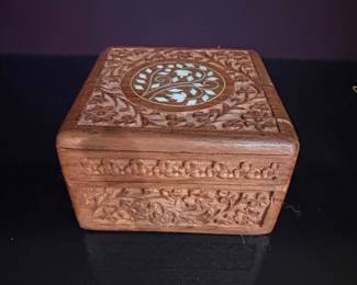 Vintage Hand Carved Indian Wood Jewelry Box with Inlay